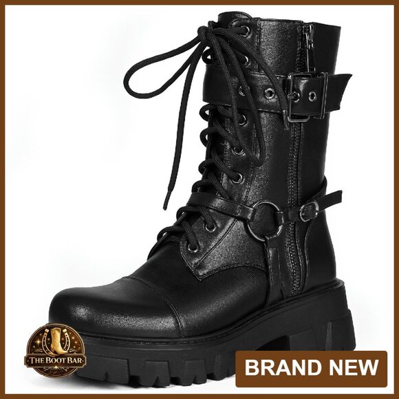 Mid Calf Motorcycle Boots Chunky Lug Sole Harness Combat Steampunk